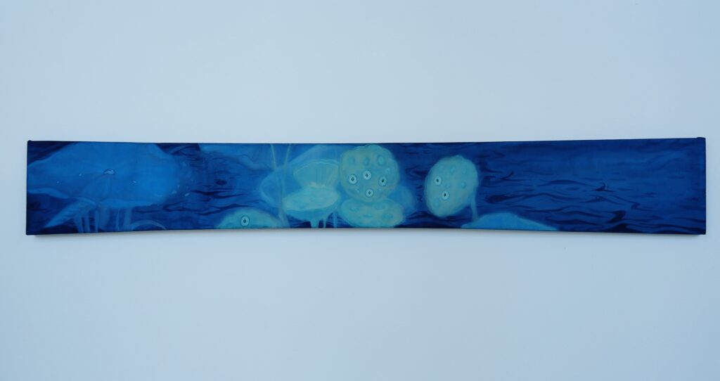 A long horizontal painting on silk depicting pale lotus-seed-like figures with eye-like centres emerging and partly disappearing within layered blue water and dark ripples.