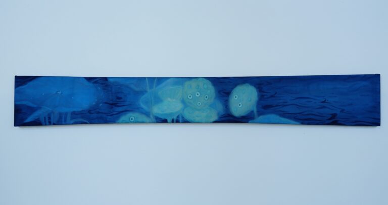 A long horizontal painting on silk depicting pale lotus-seed-like figures with eye-like centres emerging and partly disappearing within layered blue water and dark ripples.