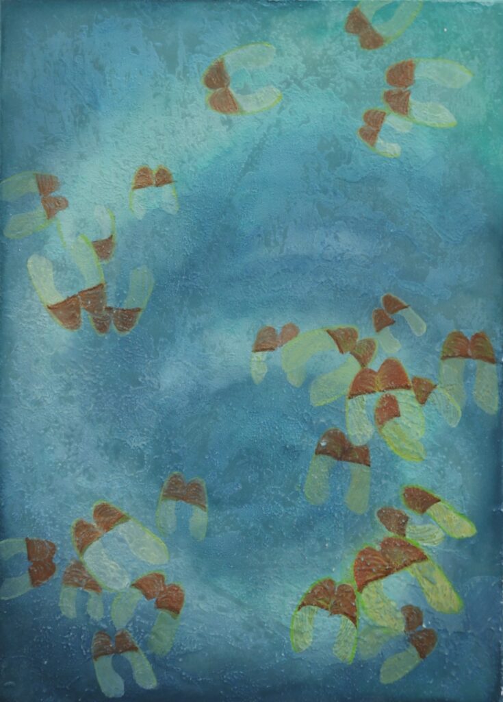 A painting on silk showing small fallen plant forms that resemble tiny slippers or mushrooms, suggesting a trail of steps.