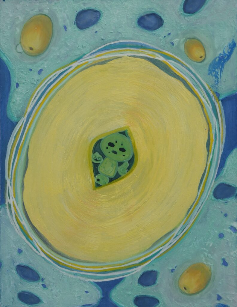 A painting on silk depicting a split lotus seed whose rounded interior resembles a small figure concealed within it.