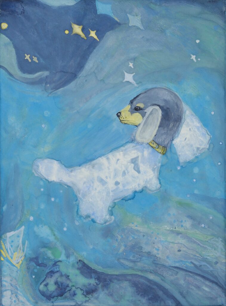A painting on silk depicting a translucent discarded plastic bag whose shape resembles a small dachshund seen from behind and turning its head.