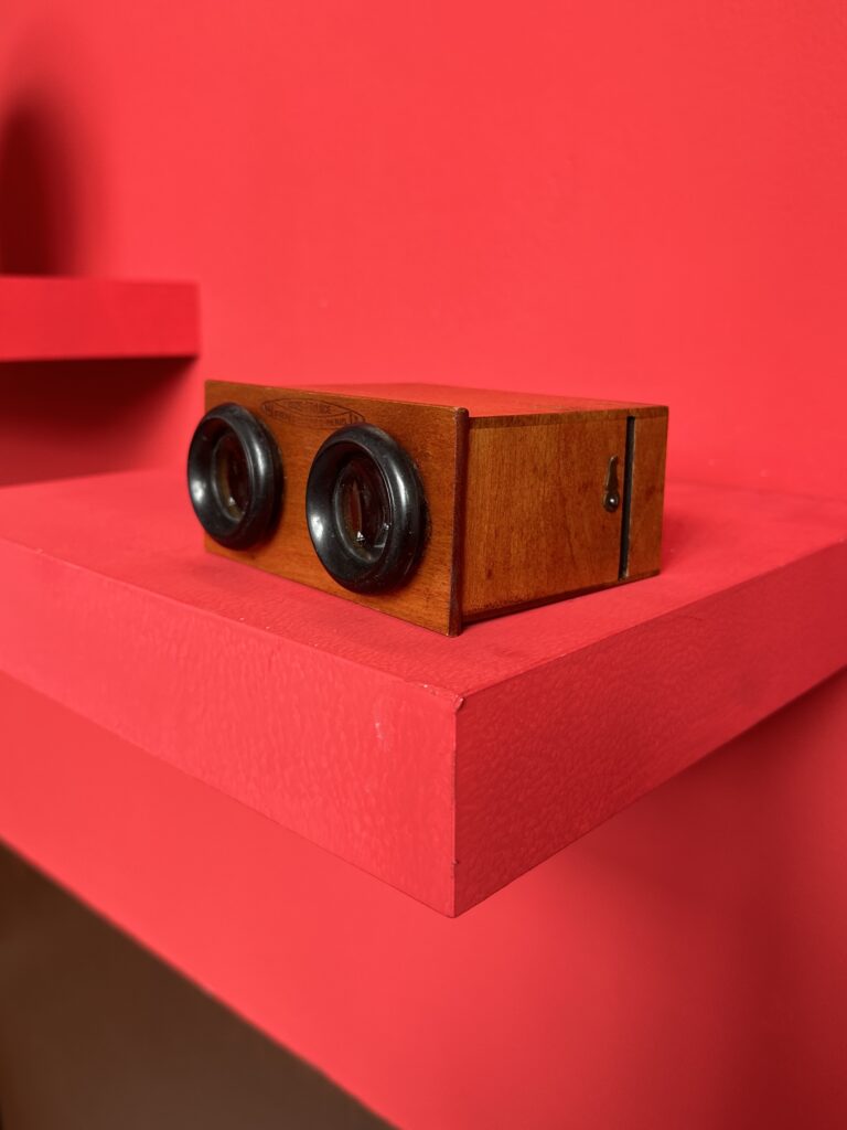 Close‑up of small‑format stereoscopic card Lira’s Self Specimen, portrait of red hair for stereoscope viewing.