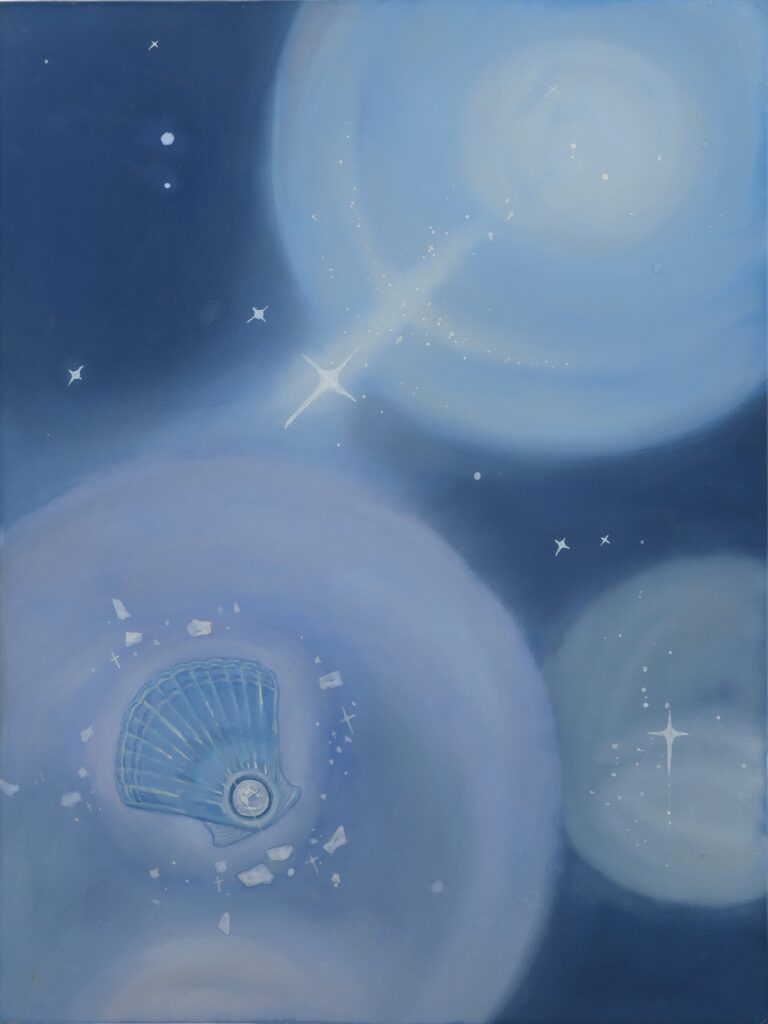 A painting on silk based on patches of sunlight falling across a glass surface and a bird dropping on the glass whose shape resembles a shell.