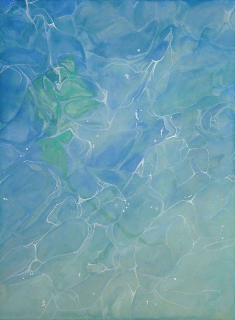 A painting on silk based on a rain-soaked piece of crumpled paper, whose folded and trailing form resembles a squid.