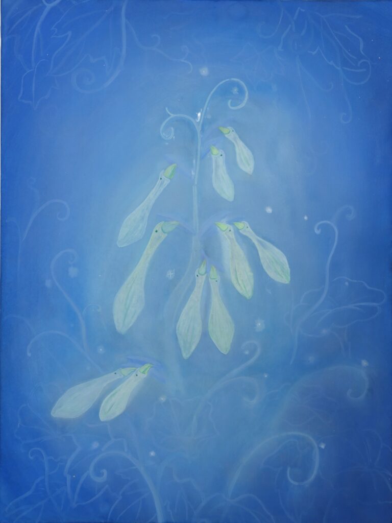 A painting on silk in which a closed flower attached to trailing vegetation resembles the small body of a duck.