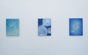 A group view of three paintings on silk from the A New World series, displayed together as connected observations of pareidolia.