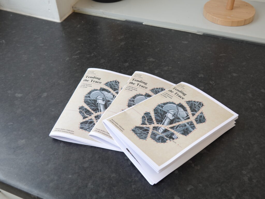 Three copies of the Tending the Trace publication arranged on a dark surface, with beige covers featuring fragmented black-and-white mushroom imagery and red dashed lines.