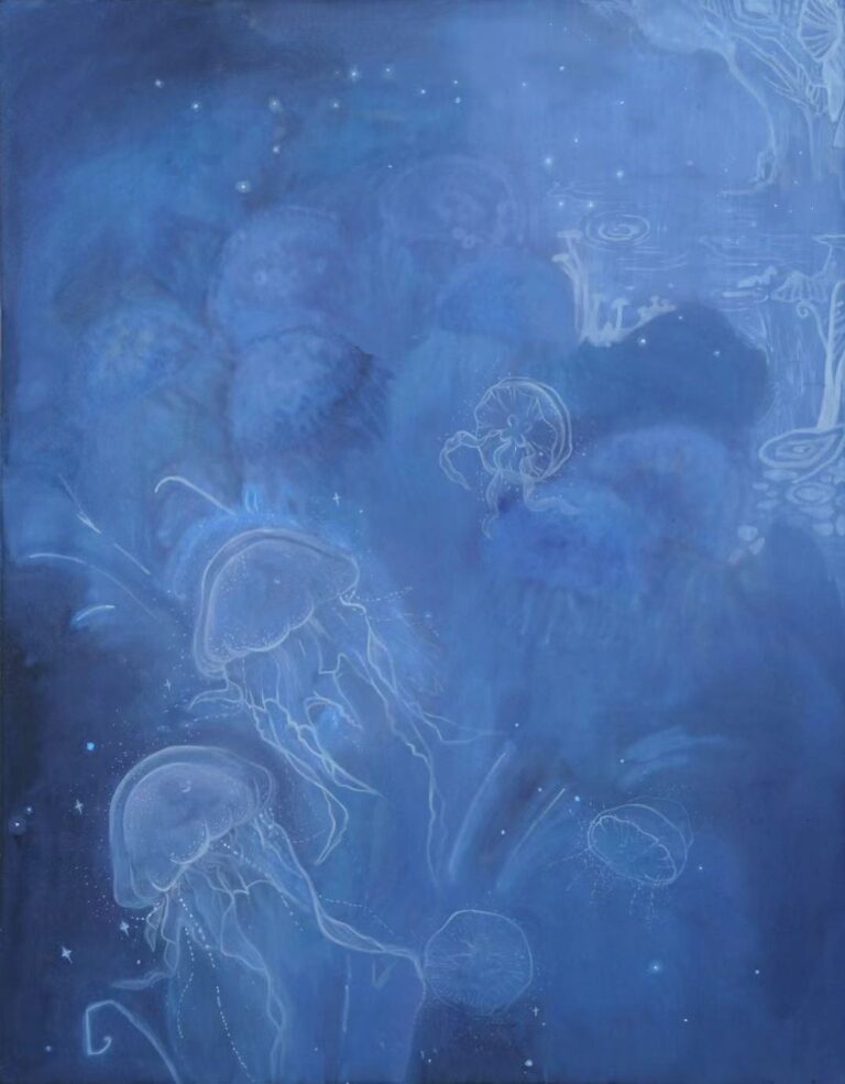 A painting on silk depicting a drooping sunflower whose curved stem and suspended flower head also suggest the form of a jellyfish.