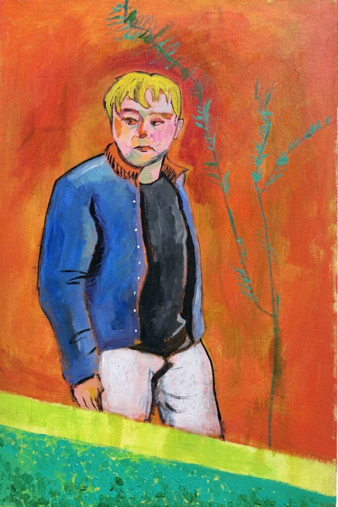 A portrait painting of a standing blond man wearing a blue jacket against a red background.