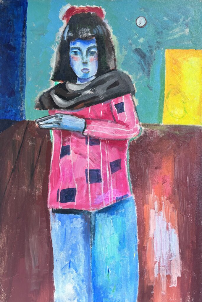 A portrait painting of a standing figure with crossed arms, wearing a pink jacket and blue trousers.