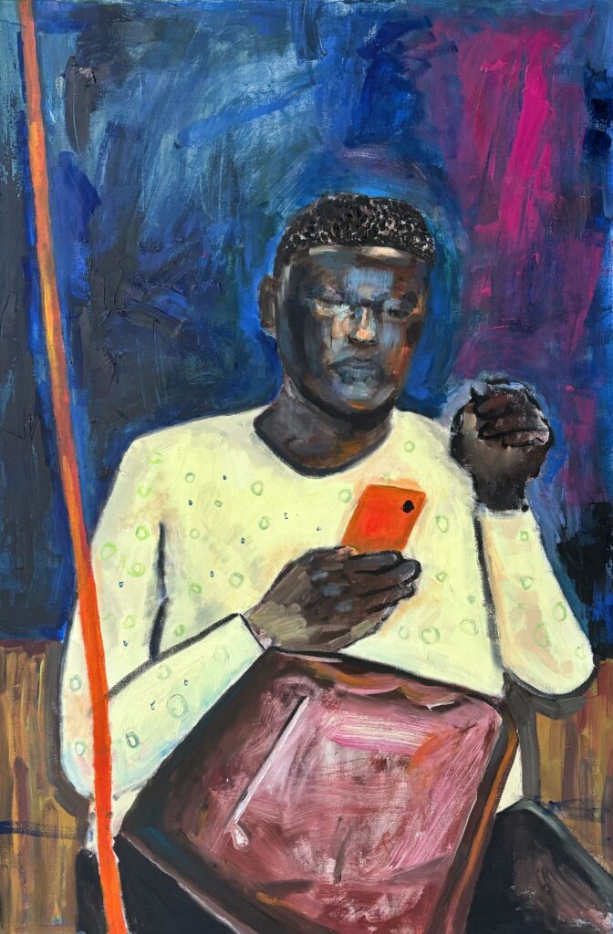 A portrait painting of a man looking at his phone while sitting on the subway.