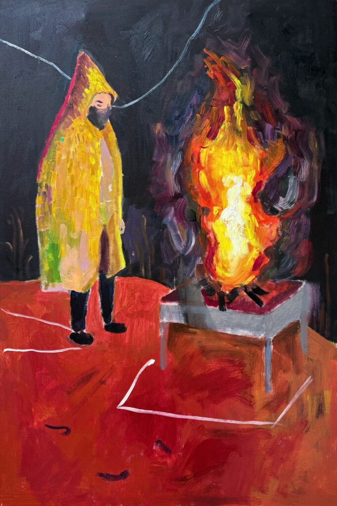 A portrait painting from the SEE series, featuring a figure in a dark red interior.