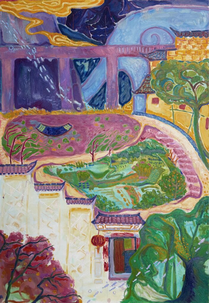 Detail of an oil painting showing a large concrete elephant slide set within a rural landscape