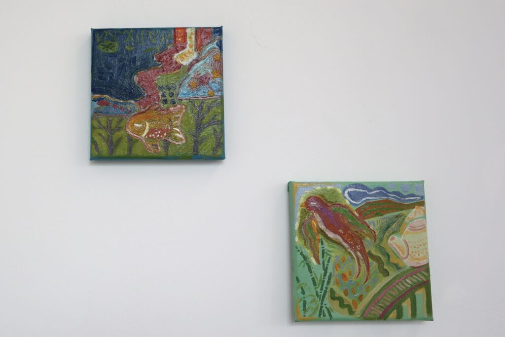 Oil painting composed of seven small animal motifs arranged together — a horse, a rabbit, a turtle, a fish, an ant, a swallow, and a frog — each rendered as an individual fragment of childhood memory
