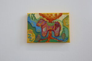 Oil painting composed of seven small animal motifs arranged together — a horse, a rabbit, a turtle, a fish, an ant, a swallow, and a frog — each rendered as an individual fragment of childhood memory