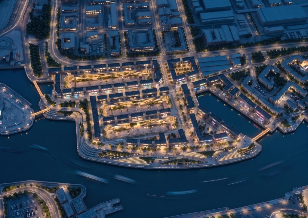 Night-time aerial visualisation of Govan Graving Docks, showing illuminated housing, public plazas, dock basins, bridges and the Clyde waterfront promenade.