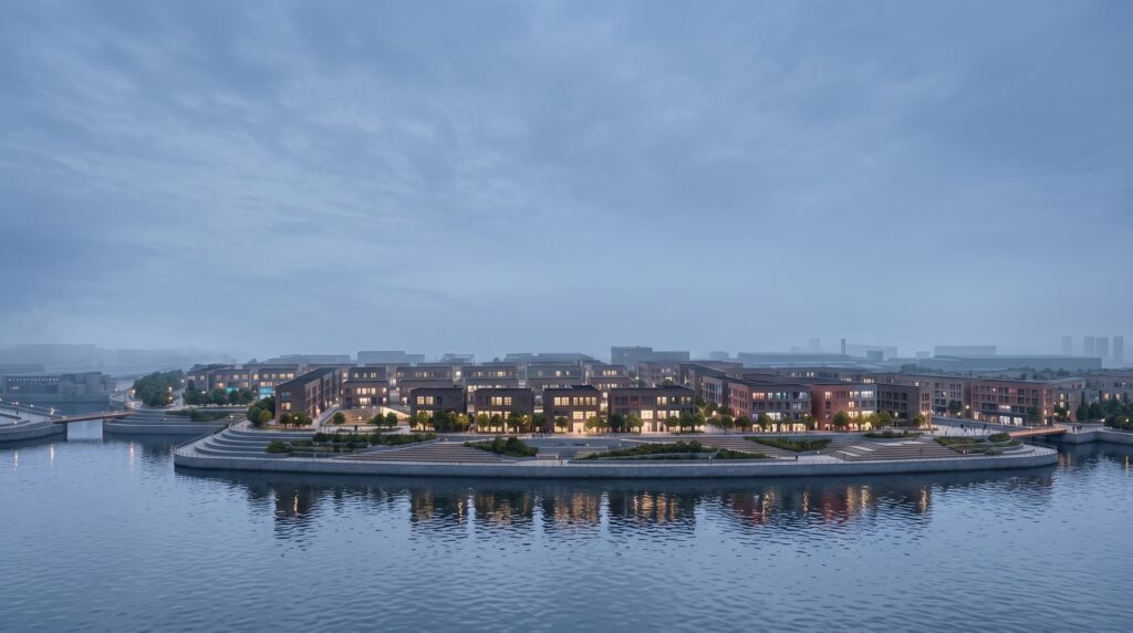 Evening view from the River Clyde towards the proposed Govan waterfront housing and landscaped flood-defence promenade.