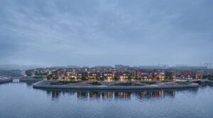 Evening view from the River Clyde towards the proposed Govan waterfront housing and landscaped flood-defence promenade.