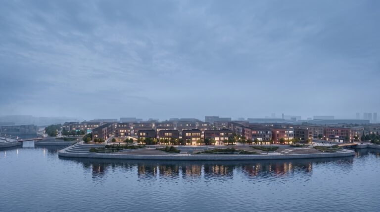 Evening view from the River Clyde towards the proposed Govan waterfront housing and landscaped flood-defence promenade.