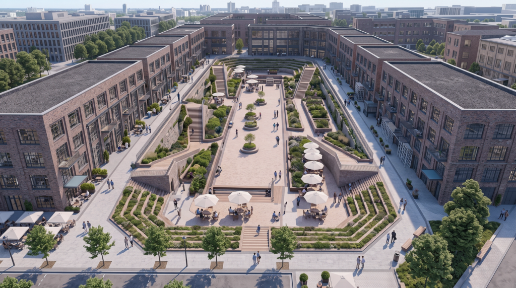Elevated view of a landscaped sunken public plaza within a historic Govan dock, surrounded by brick housing, terraces, stairs and cafés.