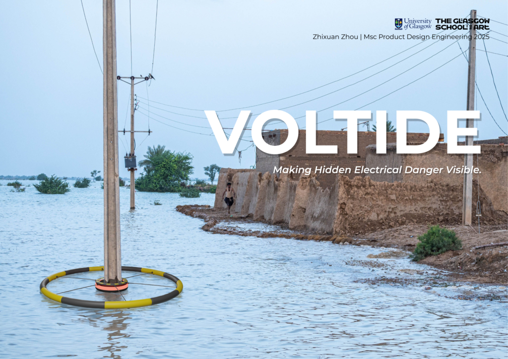 VOLTIDE floodwater electrical hazard warning system deployed around a utility pole in a flooded landscape.