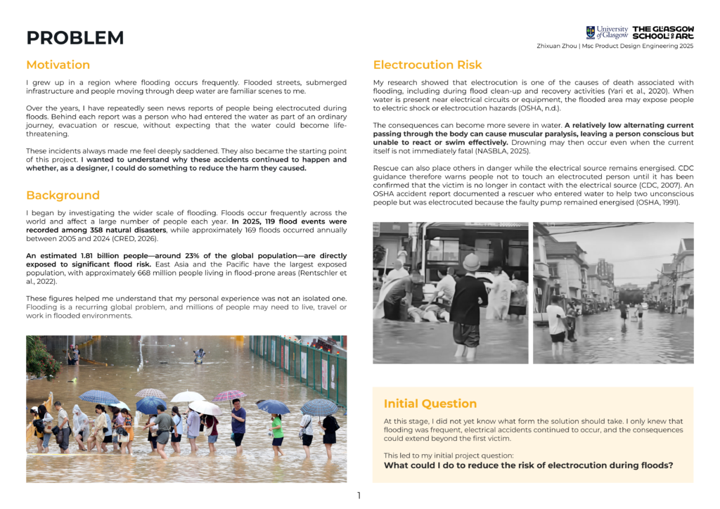 Research board explaining flood-related electrocution risks and the motivation behind the VOLTIDE project.