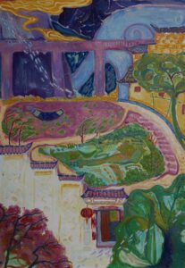 Oil painting divided into three sections, showing a highway bridge connecting two mountains at the top, fields, a pond and an old doorway in the middle, and a large elephant slide in the foreground