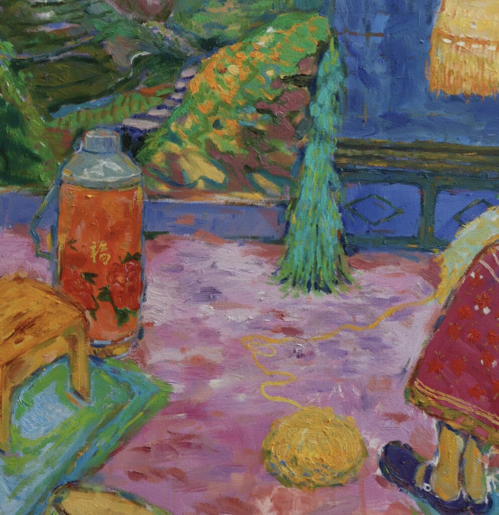Detail of an oil painting showing the seated figure's hands and clothing while weaving, rendered in purple and green tones