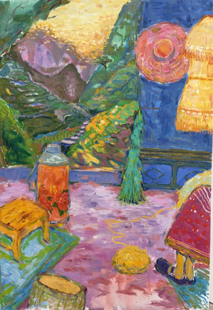 Oil painting showing the lower half of a seated figure weaving inside a kitchen, with mountains visible through the doorway, painted in tones of purple and green