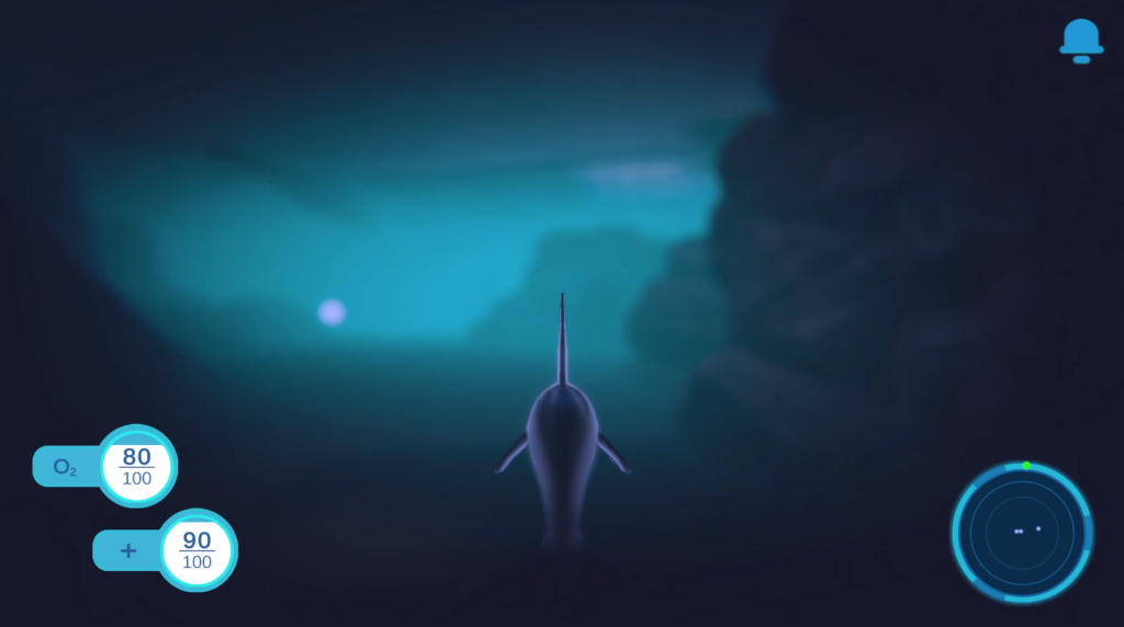 Screenshot of a 3d video game where the player is controlling an Orca in a rocky underwater environment.
