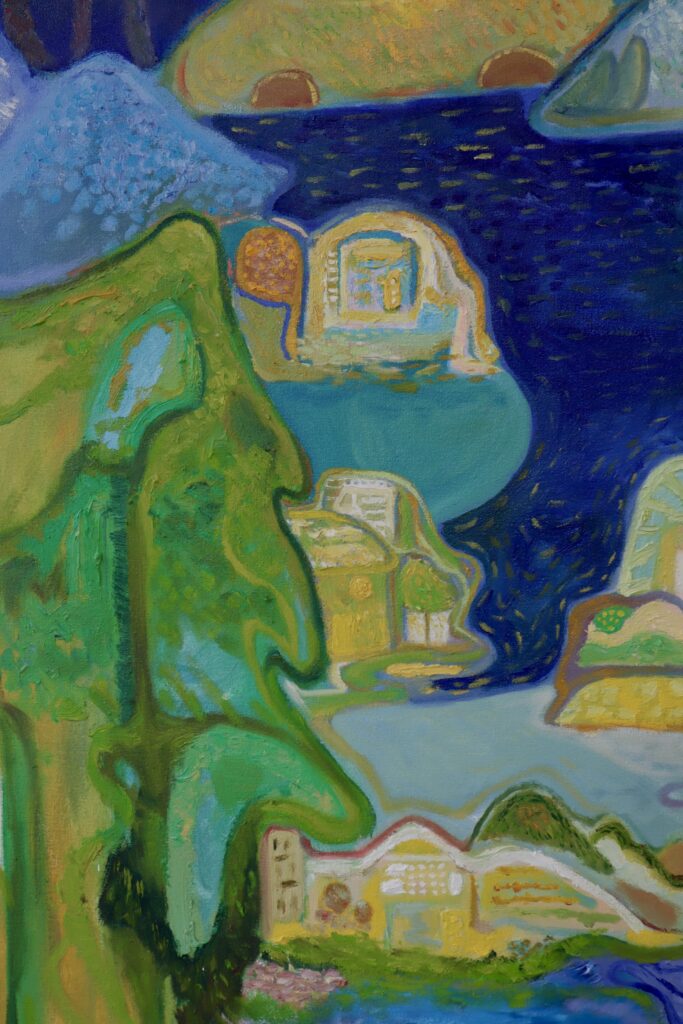 Detail of an oil painting showing layered brushwork on a large tree, rendered in tones of blue and green
