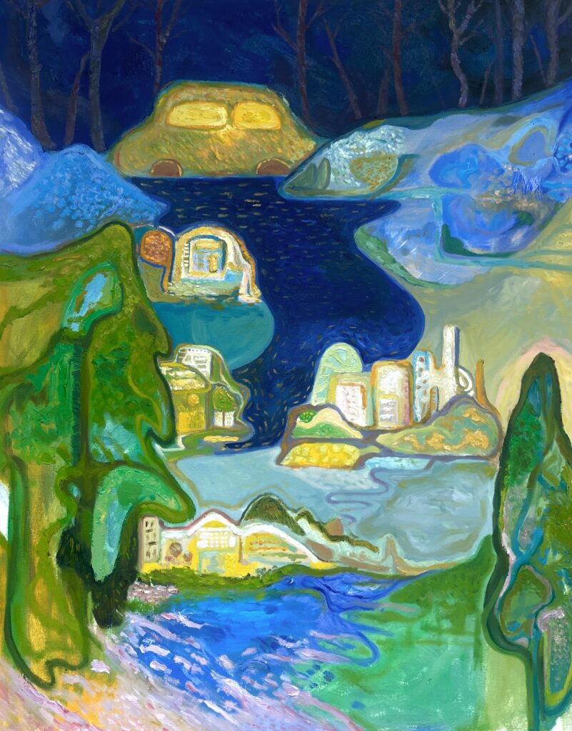 Oil painting of a river with buildings along its banks, a large tree on the left, and a yellow car on the right, painted in a limited palette of blue and green tones