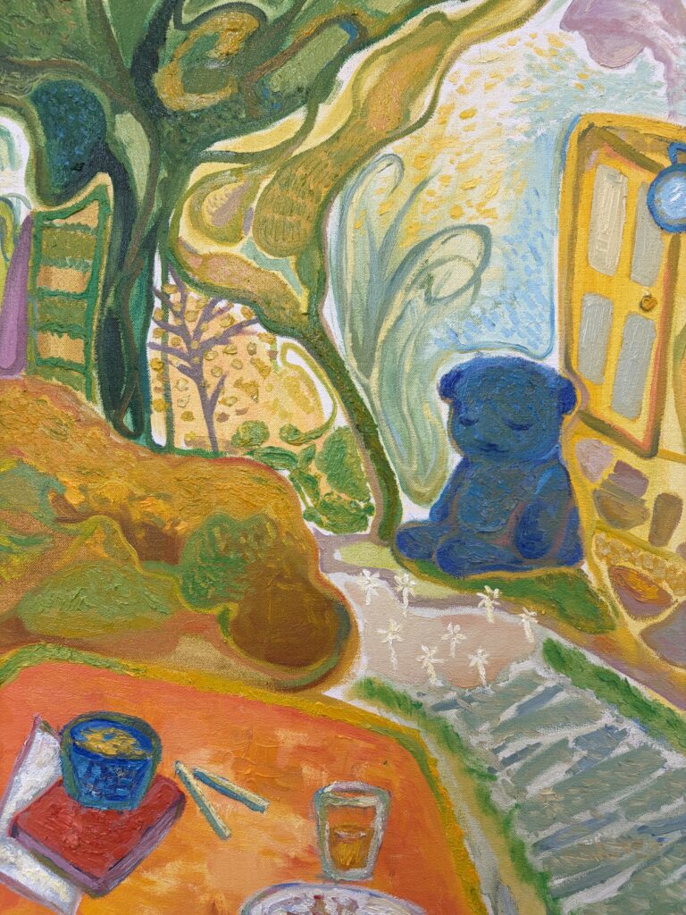 Detail of an oil painting showing a corner of a wooden table, part of a tree, a wooden cabinet, and a small blue bear figure