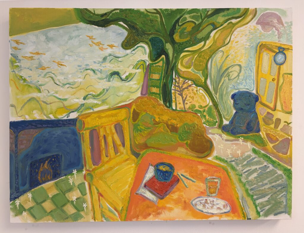 Oil painting of a kitchen interior merging with a mountain landscape, featuring a wood-burning stove, a wooden chair and a tree growing indoors