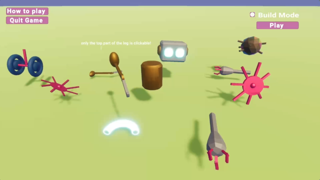 Screenshot from the robot-building game "Failure Machine", shpwing a grene background with various simple 3d objects including a spoked wheel, robot head and arms, and wheels.