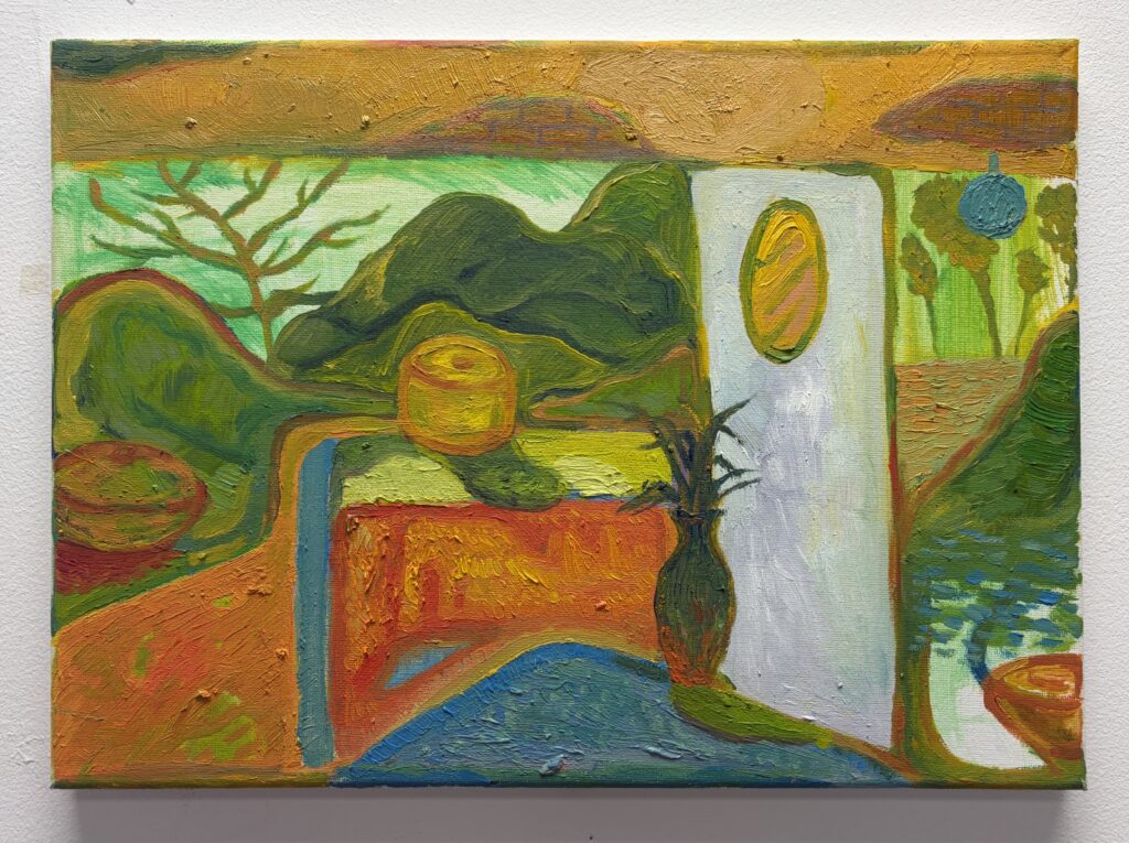 Oil painting of a small kitchen interior with wooden furniture and warm yellow and orange lighting
