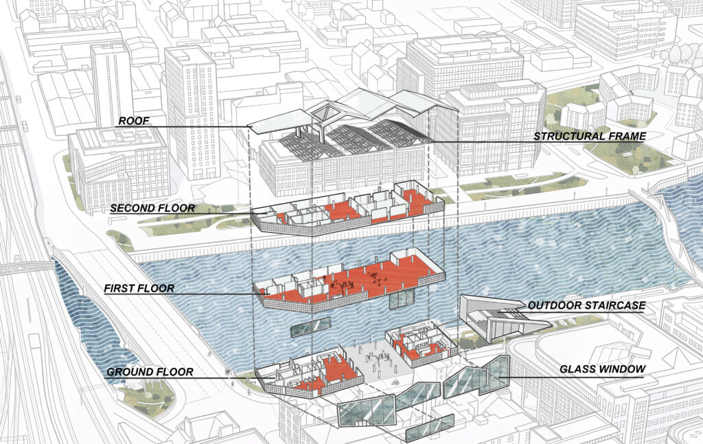 Exploded axonometric view of the Riverside Library showing its floor levels, structural frame, roof and connections to the riverside public space.