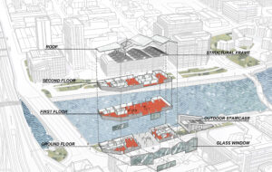 Exploded axonometric view of the Riverside Library showing its floor levels, structural frame, roof and connections to the riverside public space.
