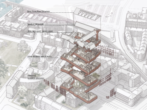 Exploded axonometric diagram of the former Glasgow Central Police Headquarters, showing four floors with steel truss roof, new skylight, load-bearing brick walls, retained window openings, and internal spatial functions