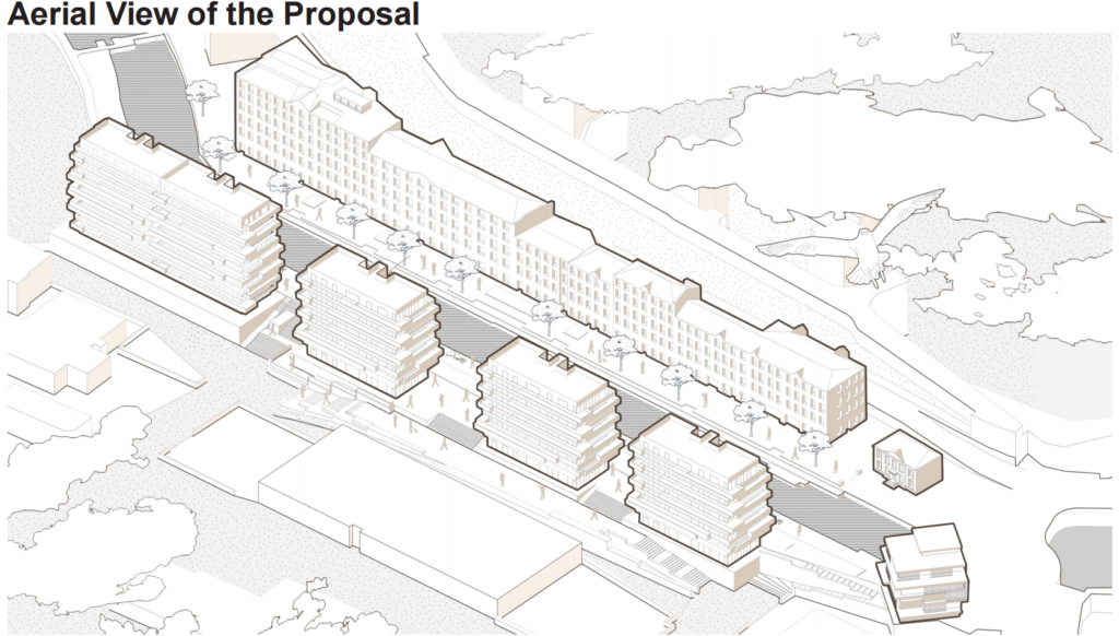 Aerial view of the proposed development at Speirs Wharf, showing new buildings, public spaces, pedestrian routes, canal edges and the relationship with existing buildings.