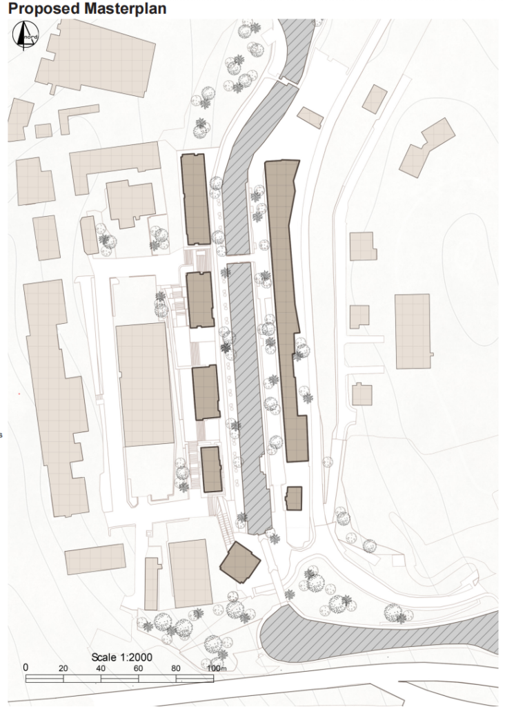 Proposed masterplan for Speirs Wharf, showing new buildings, public spaces, pedestrian routes, planting and connections along both sides of the canal.