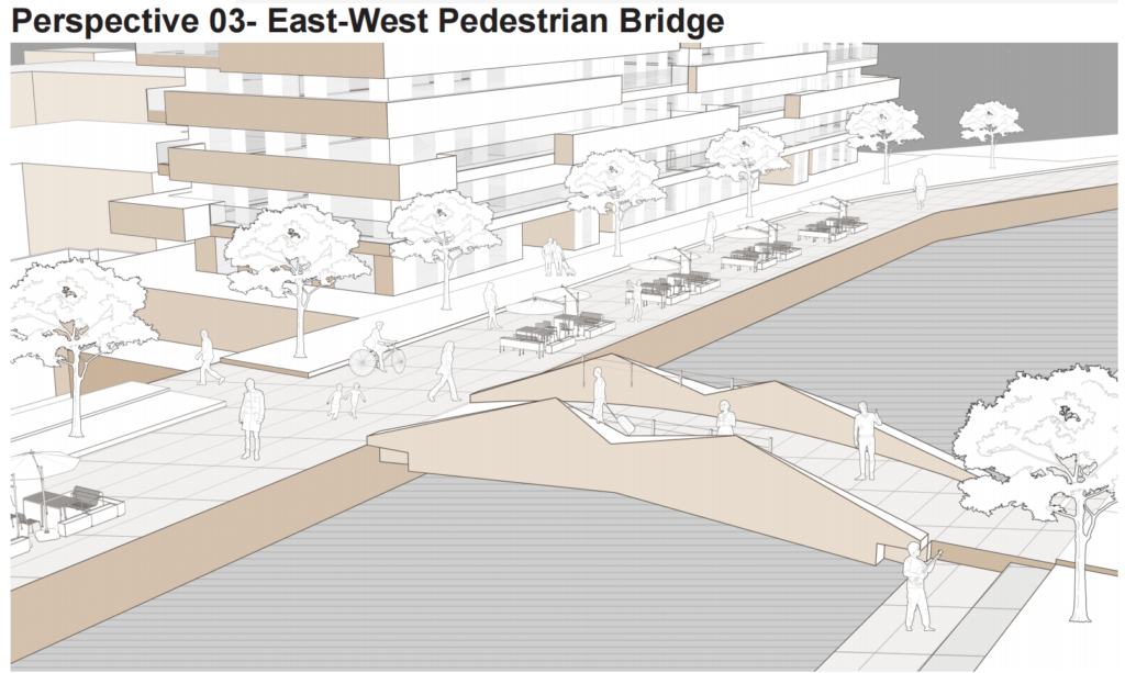 Perspective view of the proposed east-west pedestrian bridge at Speirs Wharf, connecting both sides of the canal with surrounding public space, seating, trees and pedestrian routes.