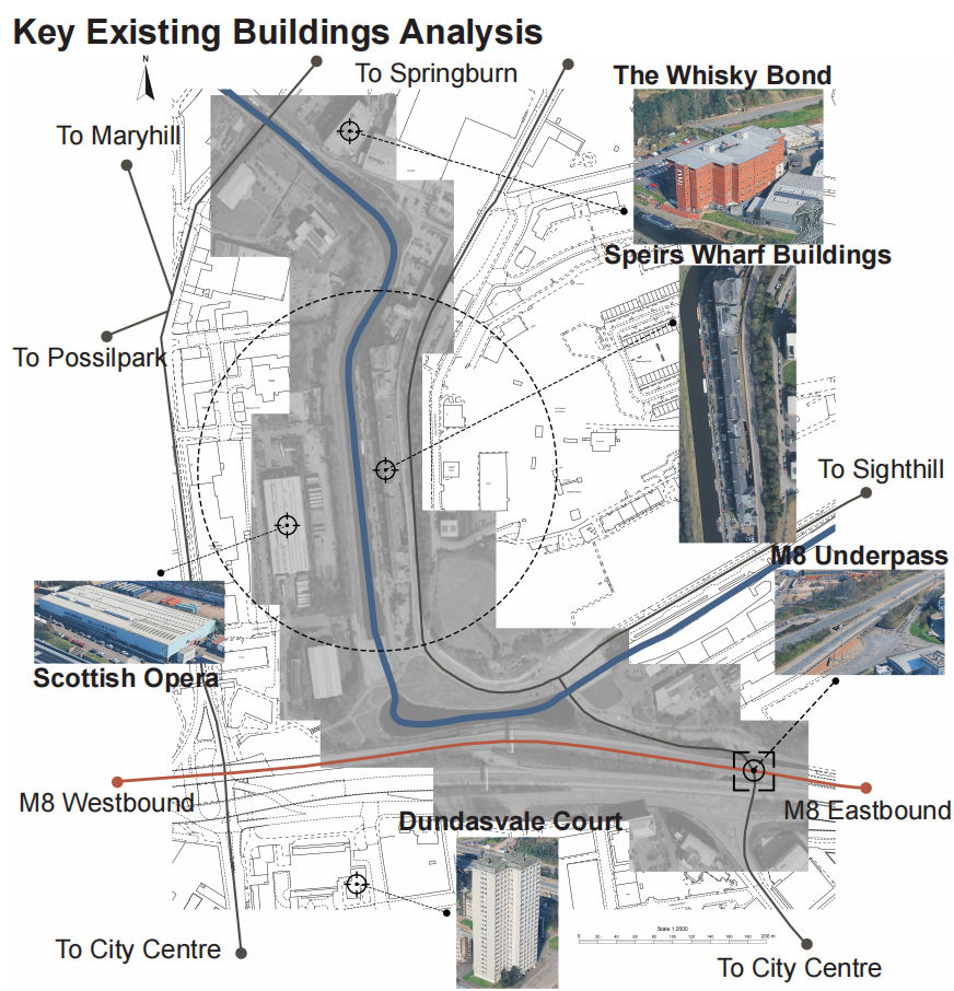 Key existing buildings analysis of Speirs Wharf, showing important surrounding buildings, the M8 motorway, canal route and connections towards Springburn, Maryhill, Possilpark, Sighthill and Glasgow city centre.