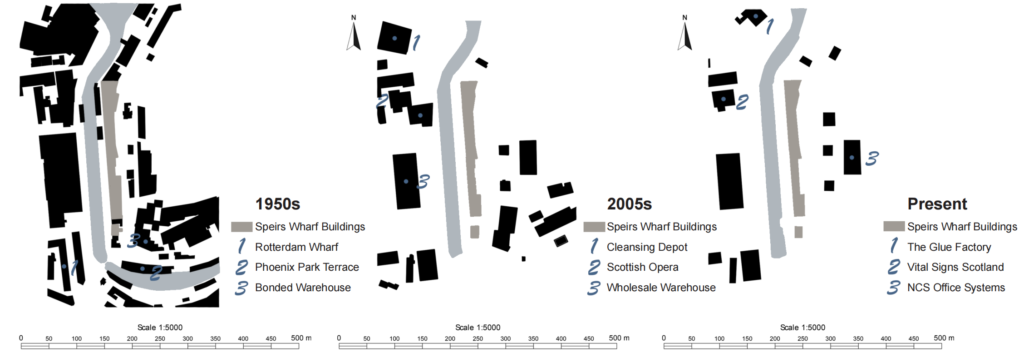 Figure-ground analysis comparing the urban form around Speirs Wharf in the 1950s, 2005 and the present, highlighting changes in building density and key buildings.