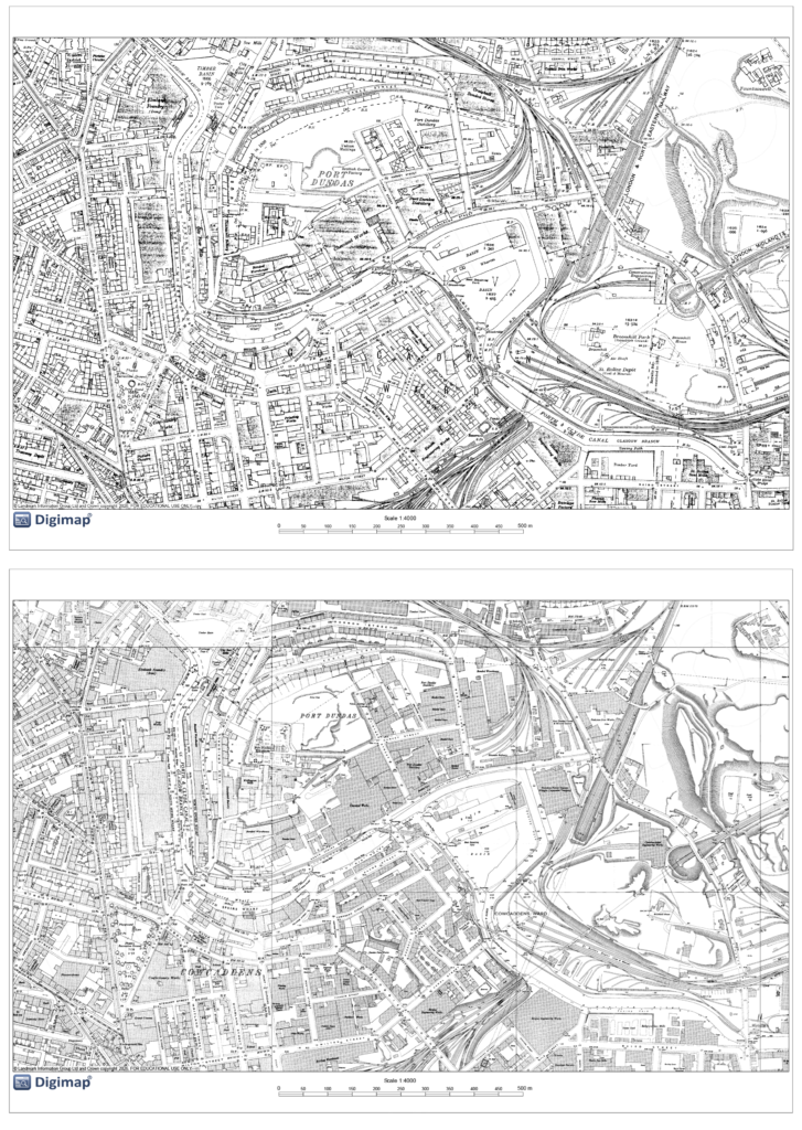 Historic maps of Port Dundas and Speirs Wharf comparing the canal area in the 1930s and 1950s, showing changes in industrial buildings, transport infrastructure and urban development.