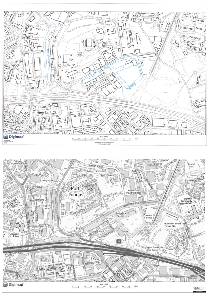 Maps of Port Dundas and Speirs Wharf comparing the canal area in 2005 and the present, showing changes in buildings, infrastructure and the surrounding urban form.