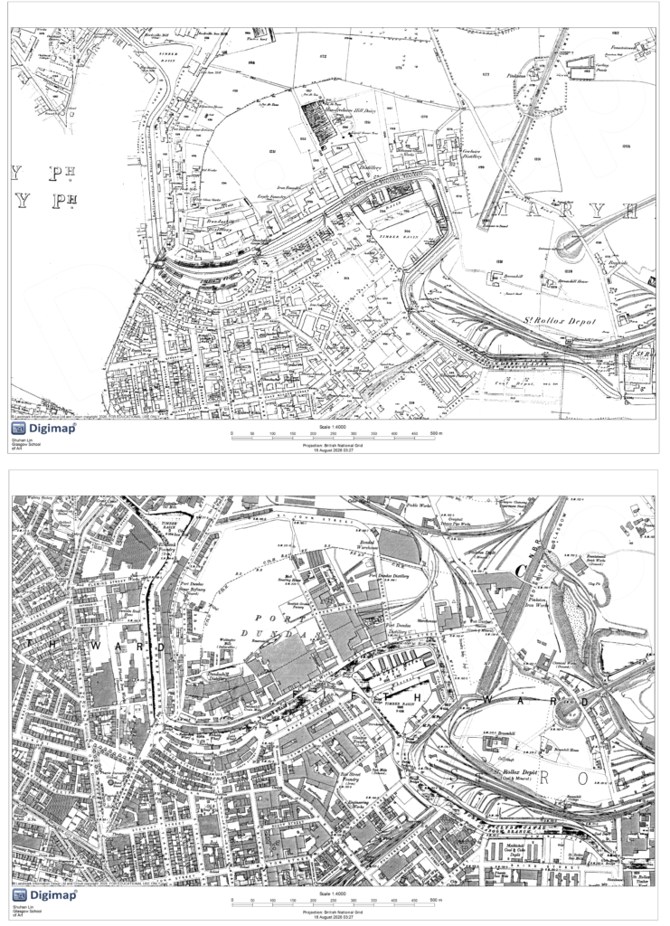 Historic maps of Port Dundas and Speirs Wharf comparing the canal area in the 1860s and 1890s, showing changes in buildings, industry and urban development.