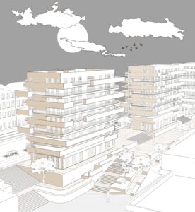 Axonometric view of the proposed development at Speirs Wharf, showing new buildings, stepped public spaces, trees and pedestrian routes.