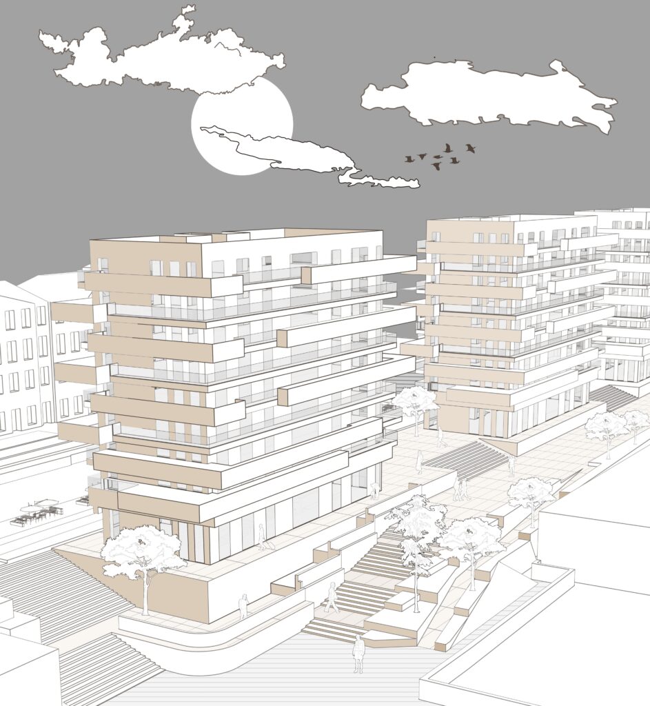 Axonometric view of the proposed development at Speirs Wharf, showing new buildings, stepped public spaces, trees and pedestrian routes.