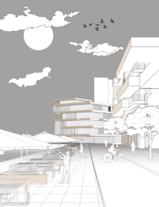 Perspective view of a canal-side public space with pedestrian routes, seating, trees, cyclists and surrounding buildings.